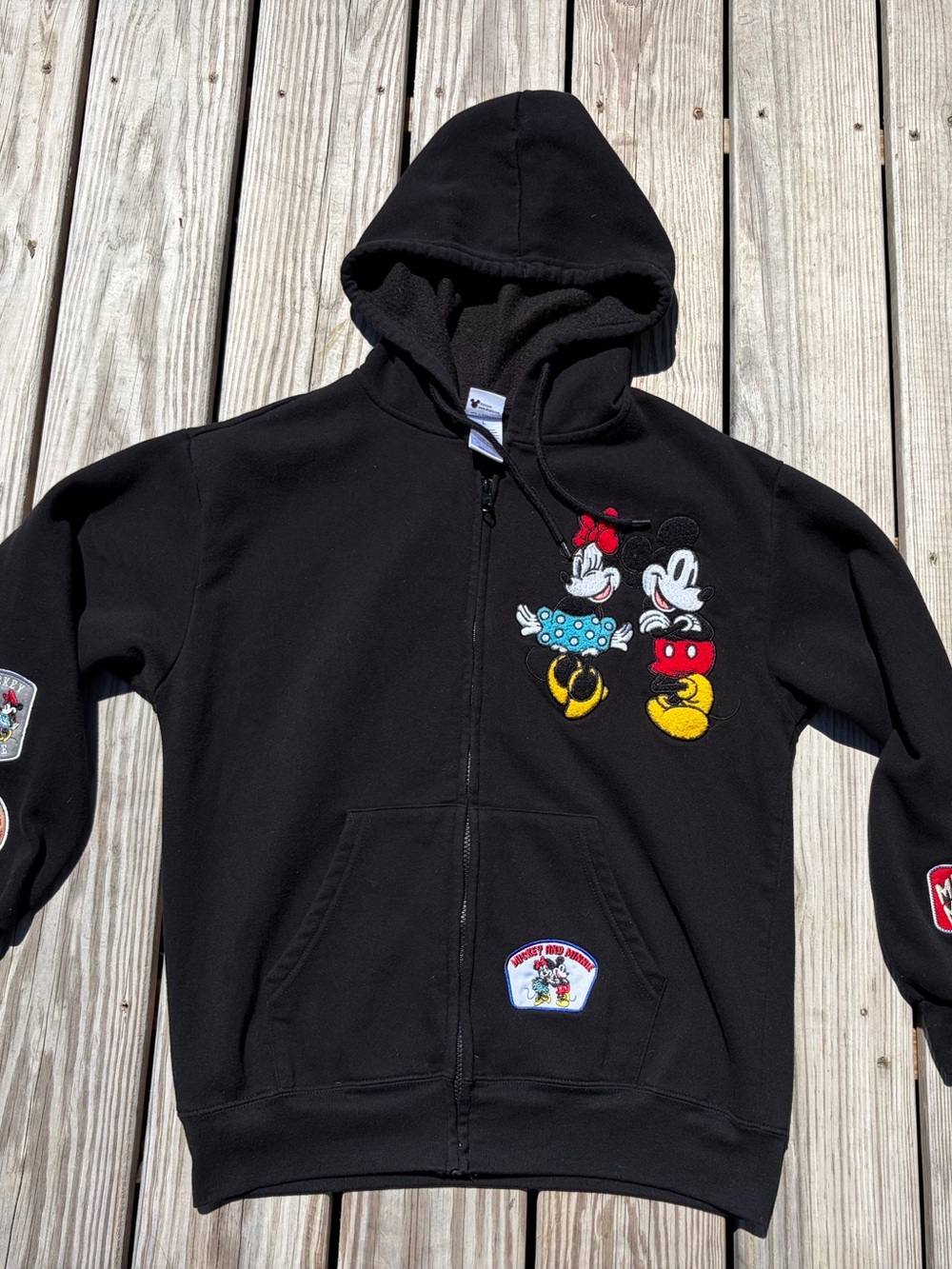 Disney‎ Hoodie Mickey & Minnie Embroidered Patches Black Large Full Zip Up